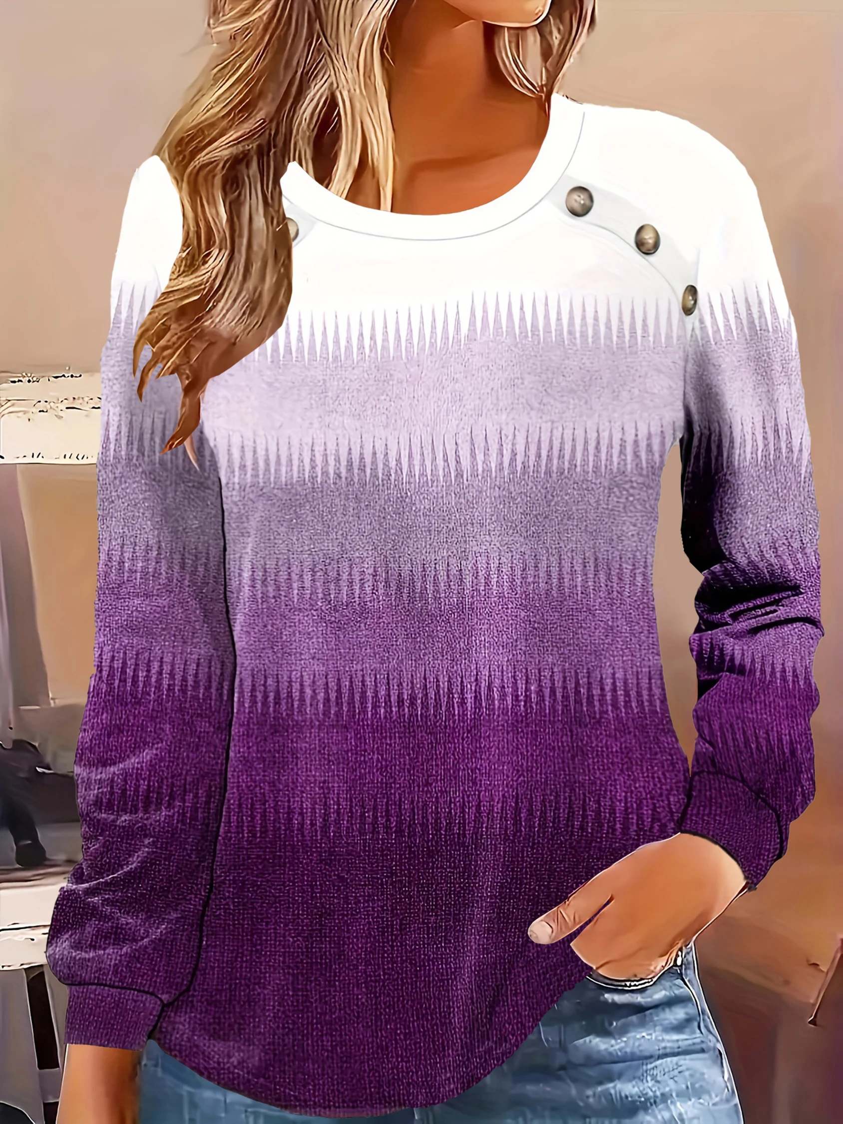 

European and American fashion elegant geometric print round neck button plus size women's long sleeve T-shirt