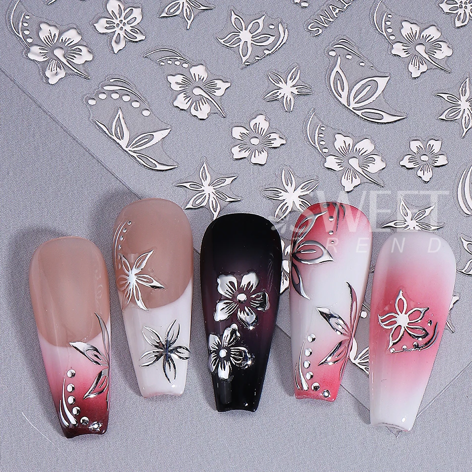3pcs Elegant Flower Nail Sticker Gold Silver Black Hibiscus Floral Petals Leaf Design Nail Decals Slider DIY Manicure Decoration view 5