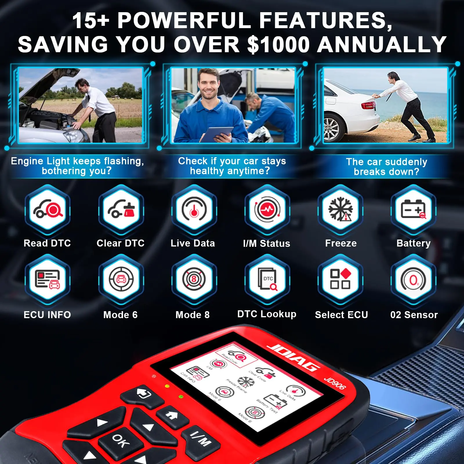 

Диагностический сканер JDiag JD906 OBD2: считывание кодов ошибок, данные в реальном времени, режимы 6 и 8, проверка готовности I/M, тестер аккумуляторов