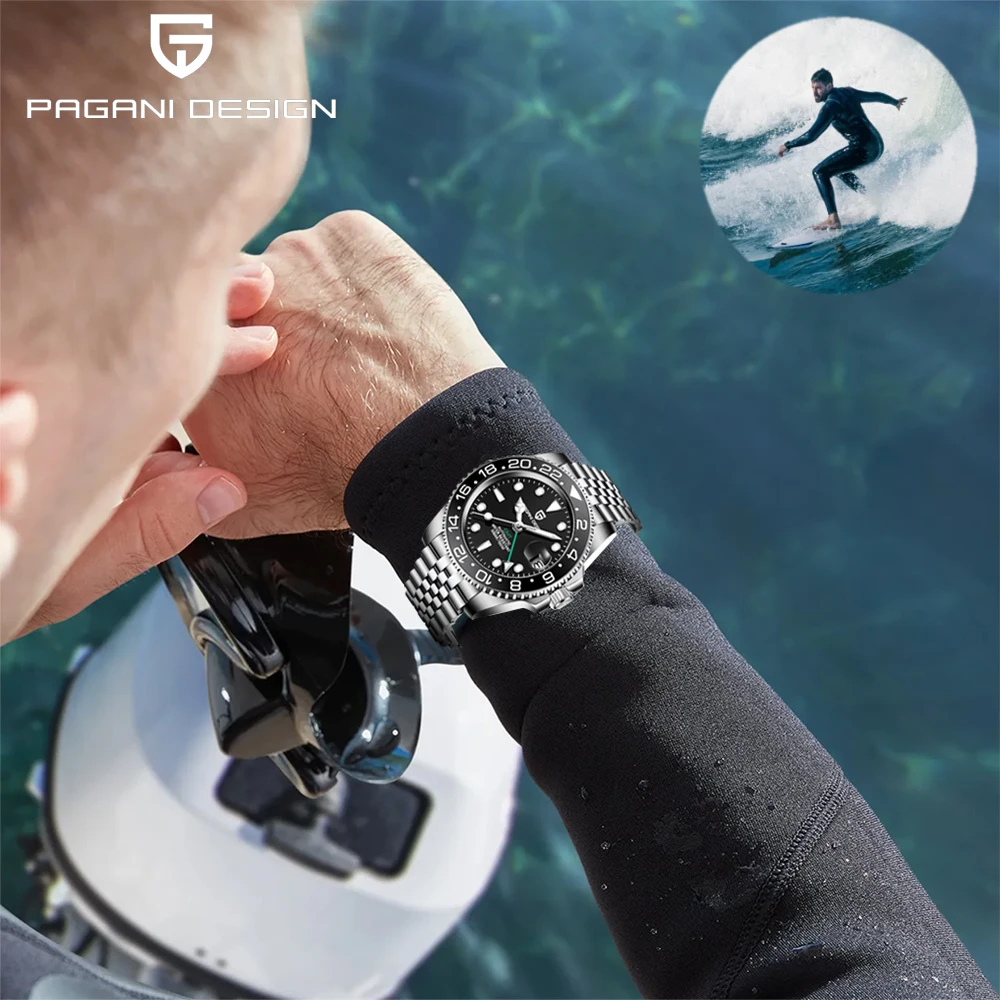 PAGANI DESIGN ساعة ميكانيكية أوتوماتيكية للغوص للرجال 316L من الفولاذ المقاوم للصدأ ساعة عمل فاخرة من زجاج الياقوت المضيء للغاية