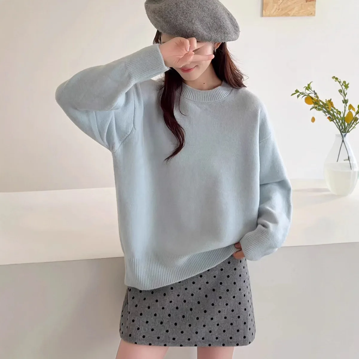 فضفاض جولة Ne البلوز سترة المرأة لون نقي محبوك أعلى مريحة بسيطة Sle عارضة Faion الخريف الشتاء ارتداء #1