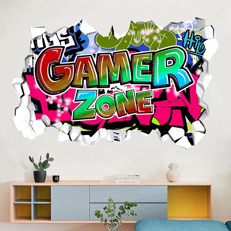 Cool Gamer Broken Wall Art Vinyl Anime Poster Stickers for Kids Room Boy Bedroom Game Zone Home Decoration Cartoon Play Mural
