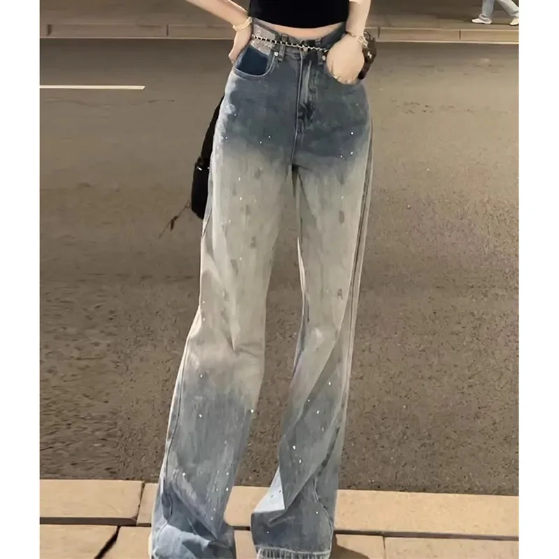 2025 Dames Hoge Taille Wijde Pijpen Jeans Lente Herfst Femme Losse Rechte Denim Pantalons Amerikaanse Vrouwen Gradiënt Cowboybroek