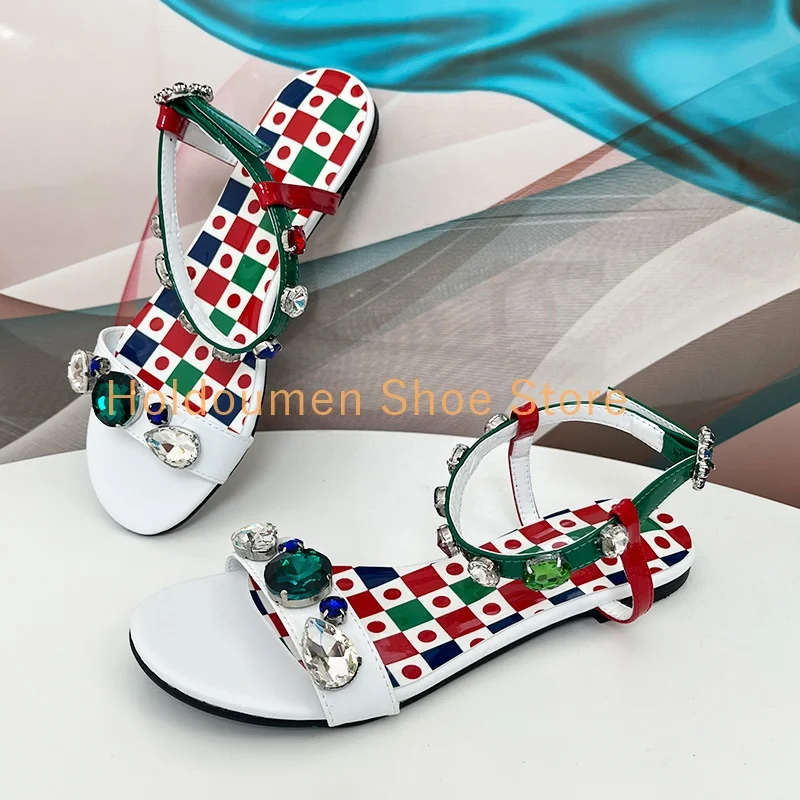 

Exotic Style Colorful Checkerboard Print Women Summer Sandal One Strap Luxurious Diamond Decor Peep Toe Ankle Strap Flat Sandals