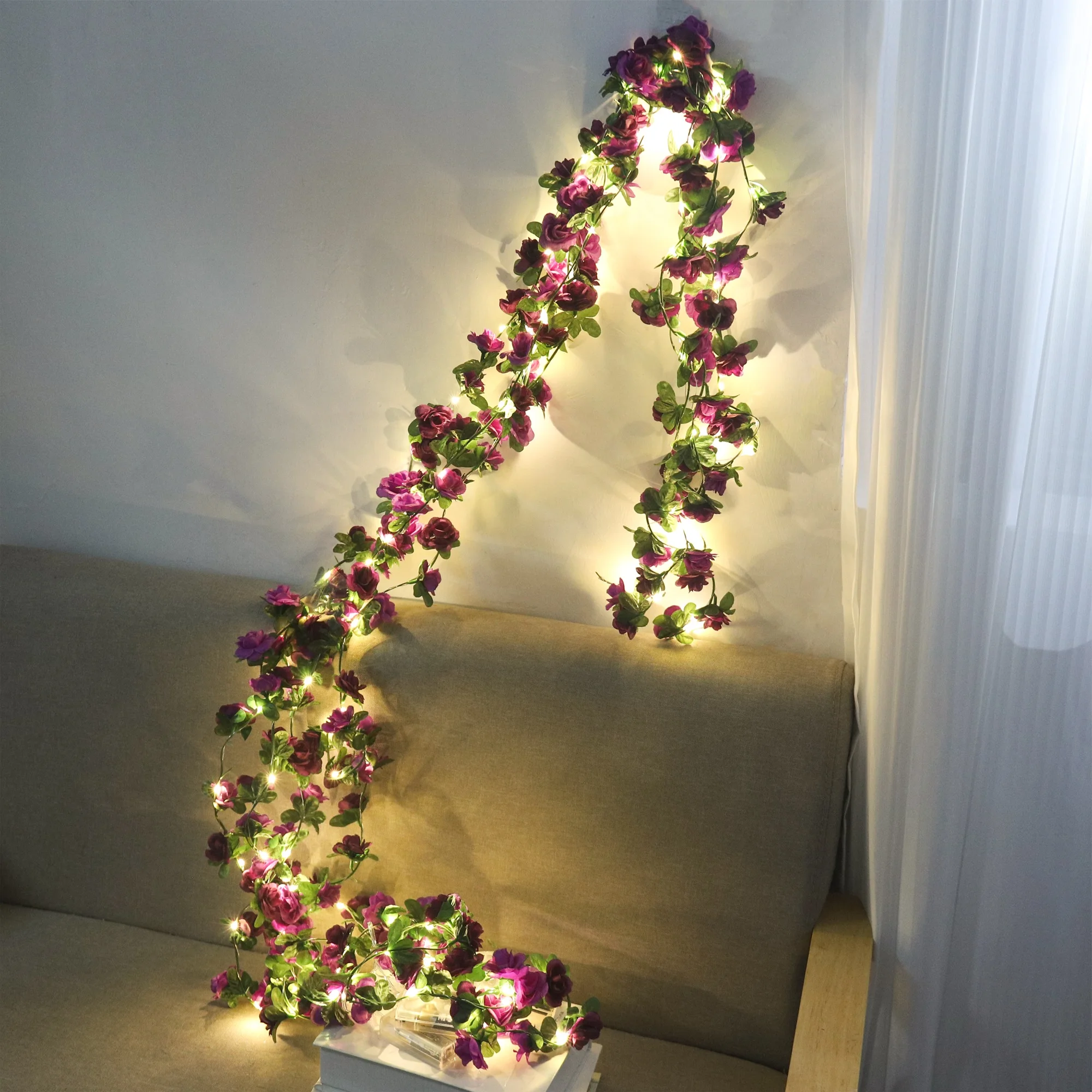 250 cm Rosenrebe mit LED-Leuchten, künstliche Blumen, Hochzeit, Zuhause, Raumdekoration, Frühling, Herbst, Gartenbogen, Weihnachten, Rattanrebe – Detail 3