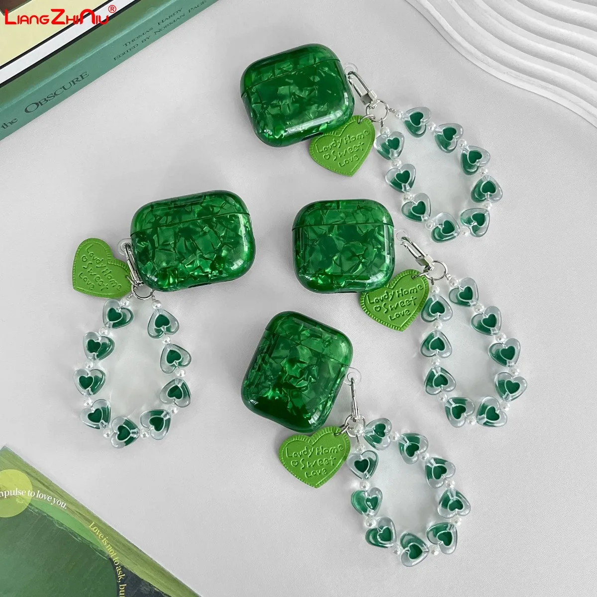 Funda para Auriculares Airpods Pro 3 (2025), Carcasa Verde Colorida con Brazalete de Amor para Airpods 4 3 2 1 Pro1 Pro2, Funda para Auriculares para Mujer