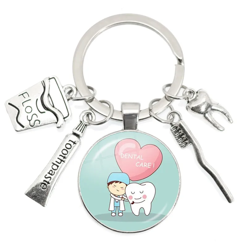 Zahn Zahnseide Zahnpasta Zahnbürste Metall Anhänger Keychain Glas Cabochon Zahnarzt Dental Assistent Geschenk Zahnpflege Schlüssel Ringe