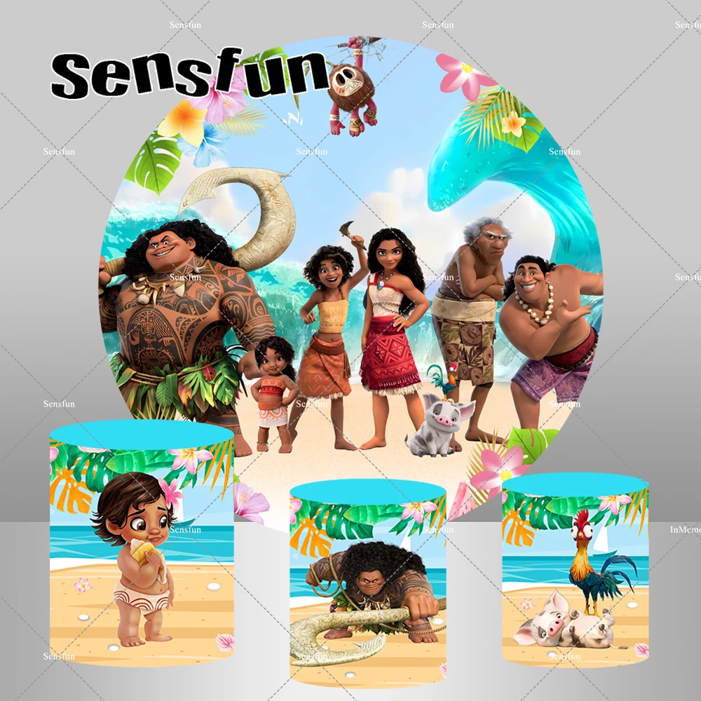 Disney Girls Moana tema fiesta de cumpleaños cubierta de fondo redondo verano playa Waialiki Maui Vaiana fondos cubiertas de Pedestal