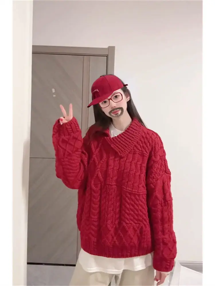 

Корейский модный красный вязаный свитер с воротником, весенняя новинка, женский элитный свитер с длинными рукавами и круглым вырезом