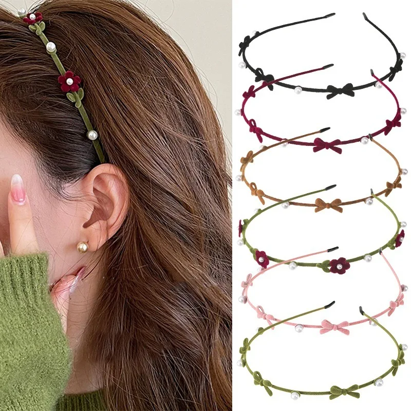 Hot Selling Pearl Flower Bow Headband Velvet Slim Hair Hoop for Women Cute Daily Wear Non Slip Headwear