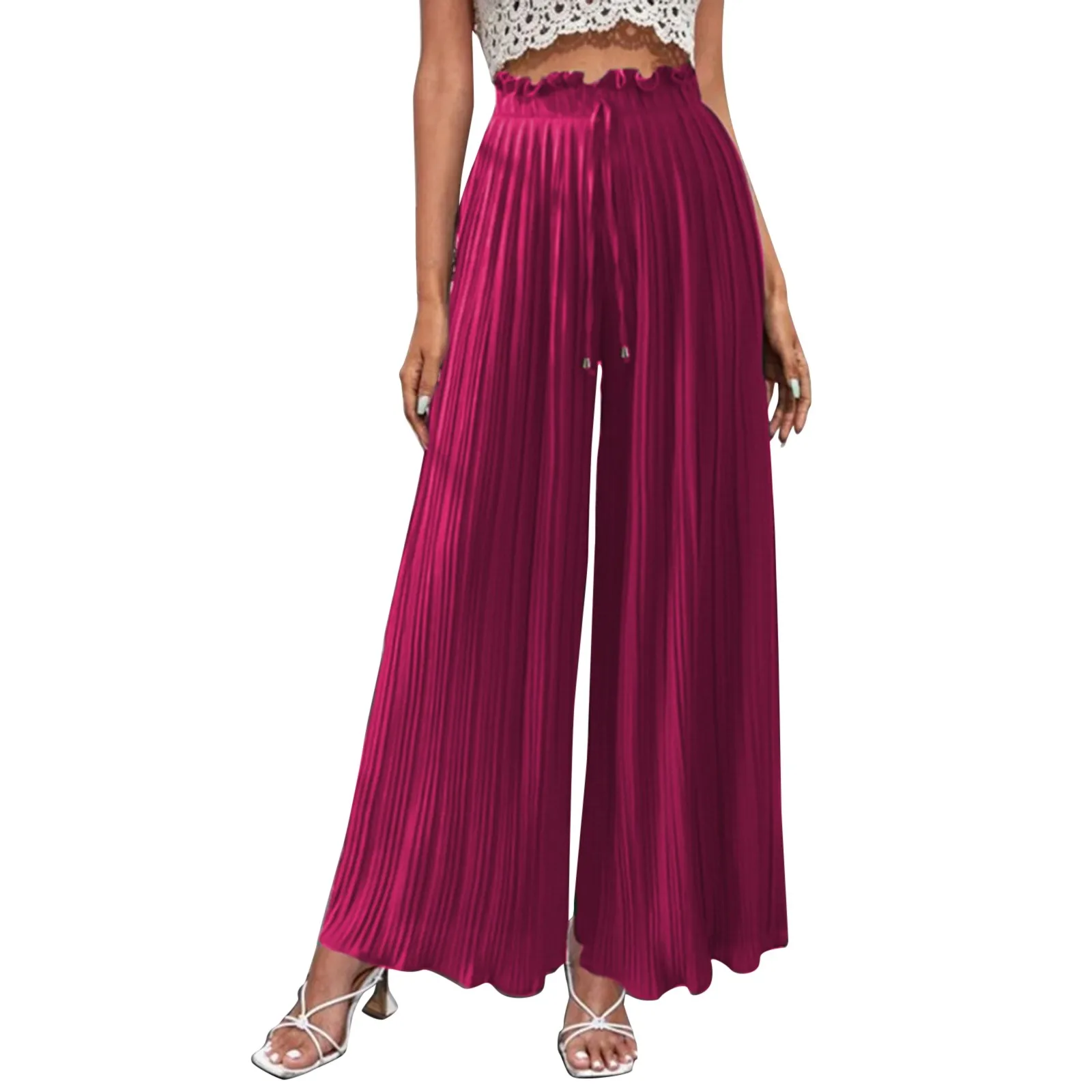 Womens Wide Leg Palazzo Pants High Waisted Pleated Flowy Pants Loose Fit Casual Beach Trousers Vacation Outfits Pantalones