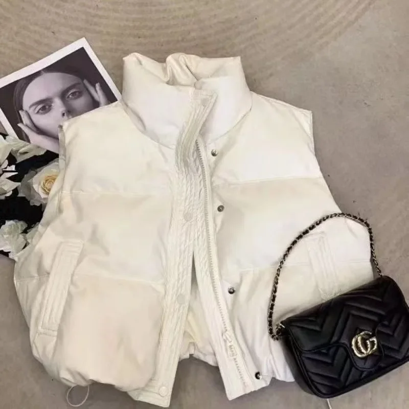 

Down Cotton Vest PU Leather Short Vests Women Autumn Winter Sleeveless Jacket Trend Office Streetwear Outerwear Black Waistcoat