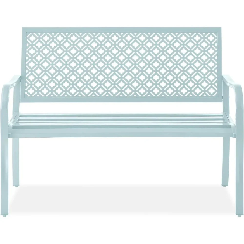 Outdoor Bench 2-Person Metal Steel Benches Furniture for Garden, Patio, Porch, Entryway w/Geometric Backres