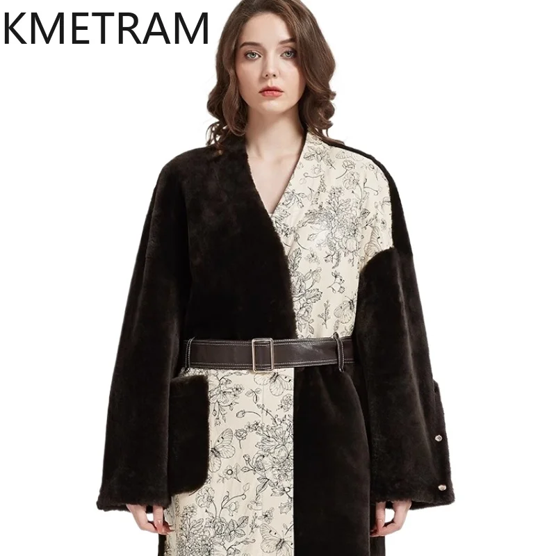 KMETRAM-abrigo de piel de oveja Natural con lana, abrigo de piel atada, chaqueta estampada de color café de longitud media para invierno 2025, con cinturón, шу onder