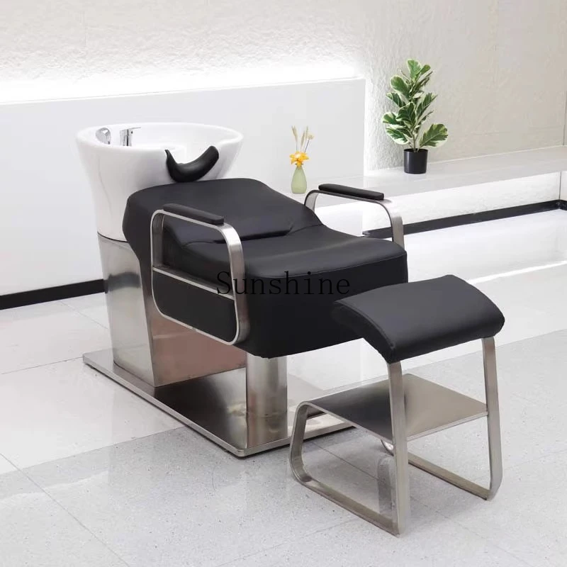 

New barber shop shampoo bed hair salon special semi-reclining stainless steel ceramic deep basin