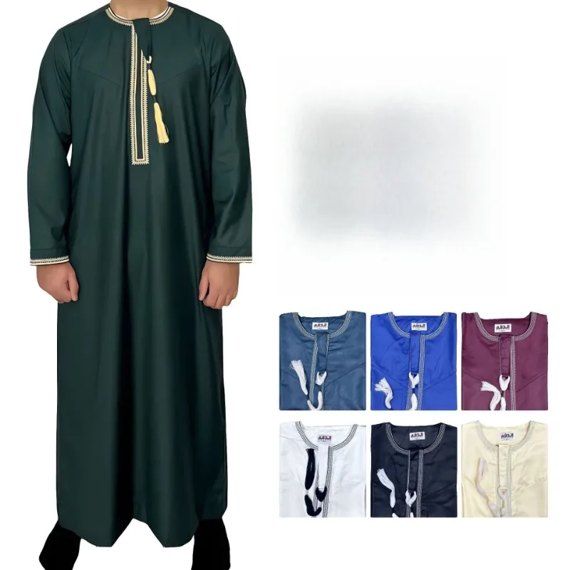 Nova cor sólida em torno do pescoço bordado de tamanho grosso omani robe árabe saudita masculino de manga comprida robe