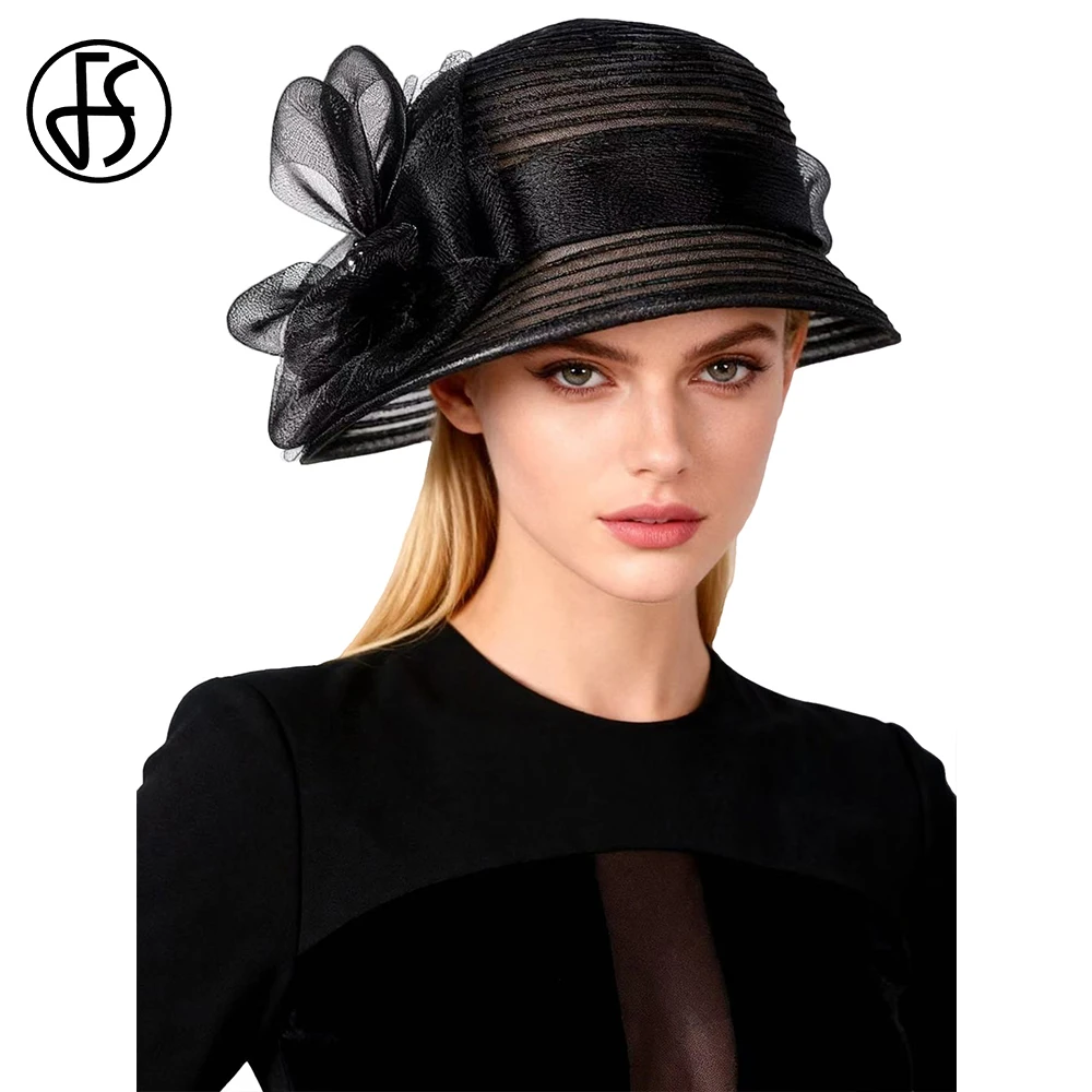

FS Luxury Brand Bowler Cap With Flower Tea Party Top Hats For Women Elegant Black White Summer Fascinator Church Hat Chapeau