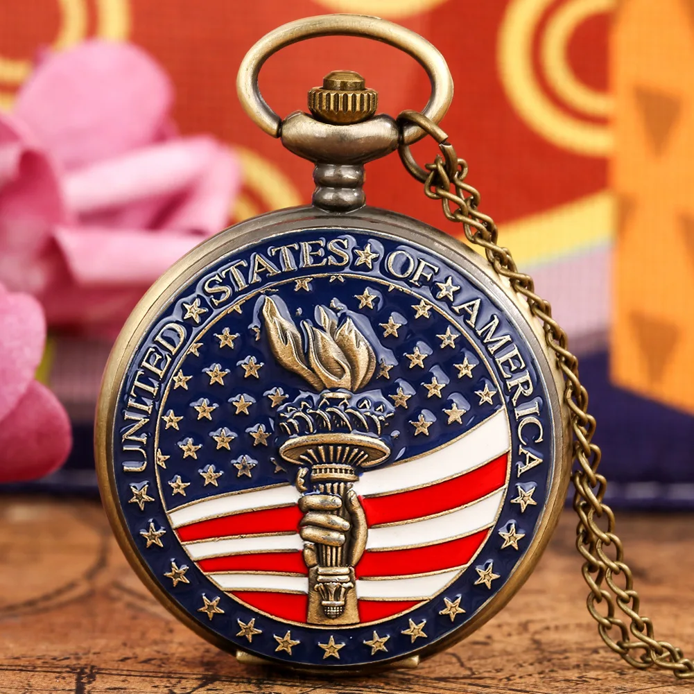 United States America Flag Stars Theme Pocket Watch For men Antique Clock Pendant Pocket Watch man Souvenir Gift Pocket Watches