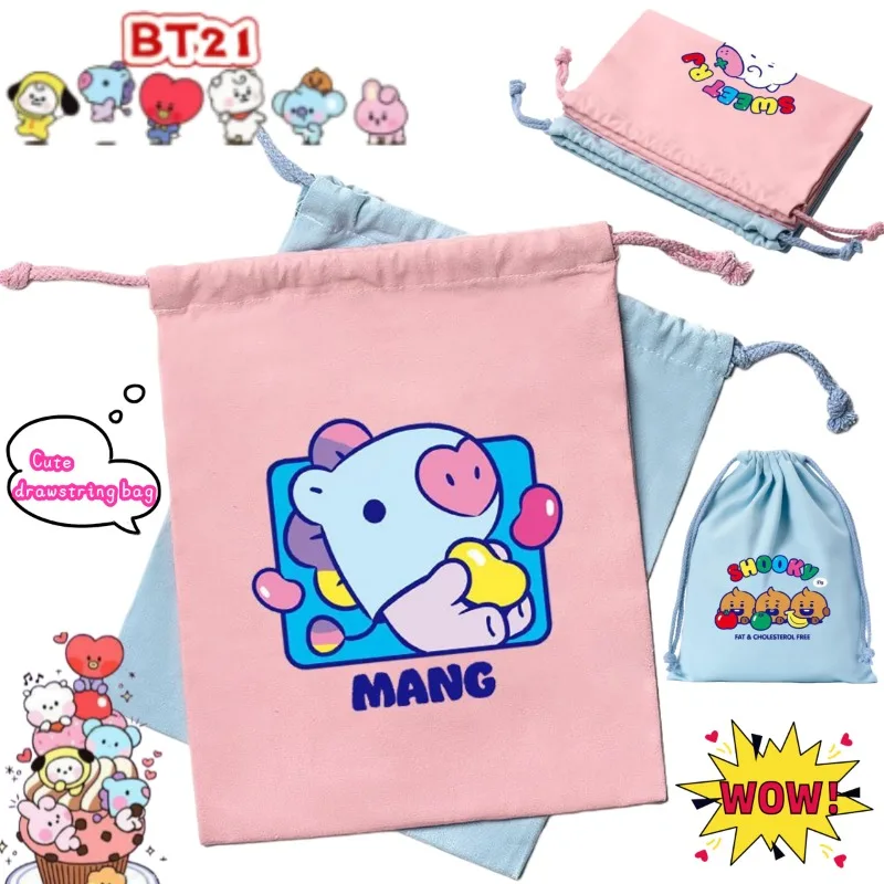 

Многофункциональная сумка-мешок из холщовой ткани с принтом BT21 Cooky Mang Koya Chimmy Cartoon Cute, с карманом на шнурке, для мальчиков и девочек