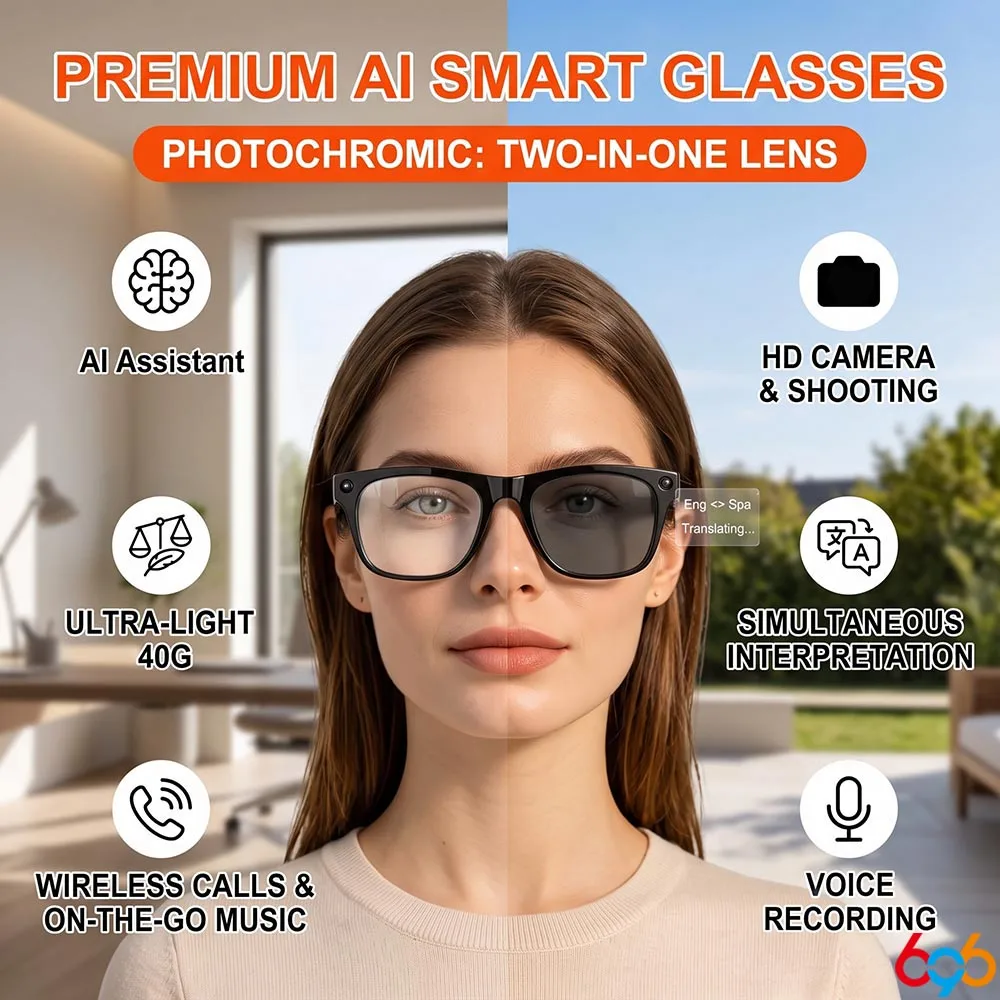 Outdoor Photochromic Glasses HD Camera Smart Eyewear AI Voice Assistant Bluetooth Music Call AI Translator Sunglasses Men Lady