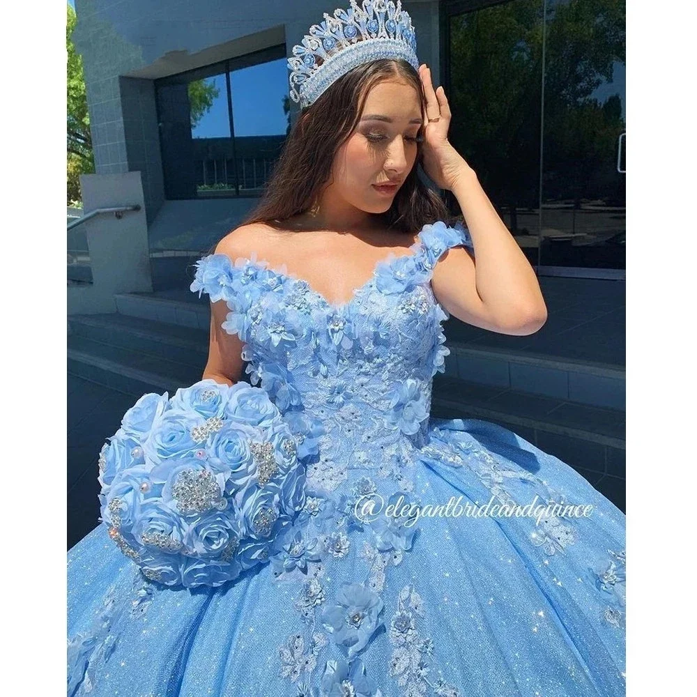 Candy Color Shiny Sky Blue Ball Gown Quinceanera Dresses 3D Flowers Beaded Vestidos 15th Birthday Party Princess Sweet 16 Dress