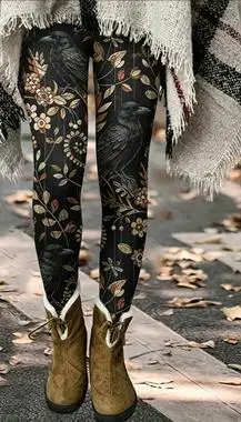 Women's Mid Waist Fleece Lined Leggings Vintage Butterfly Floral Print Slim Fit Stretch Long Pants