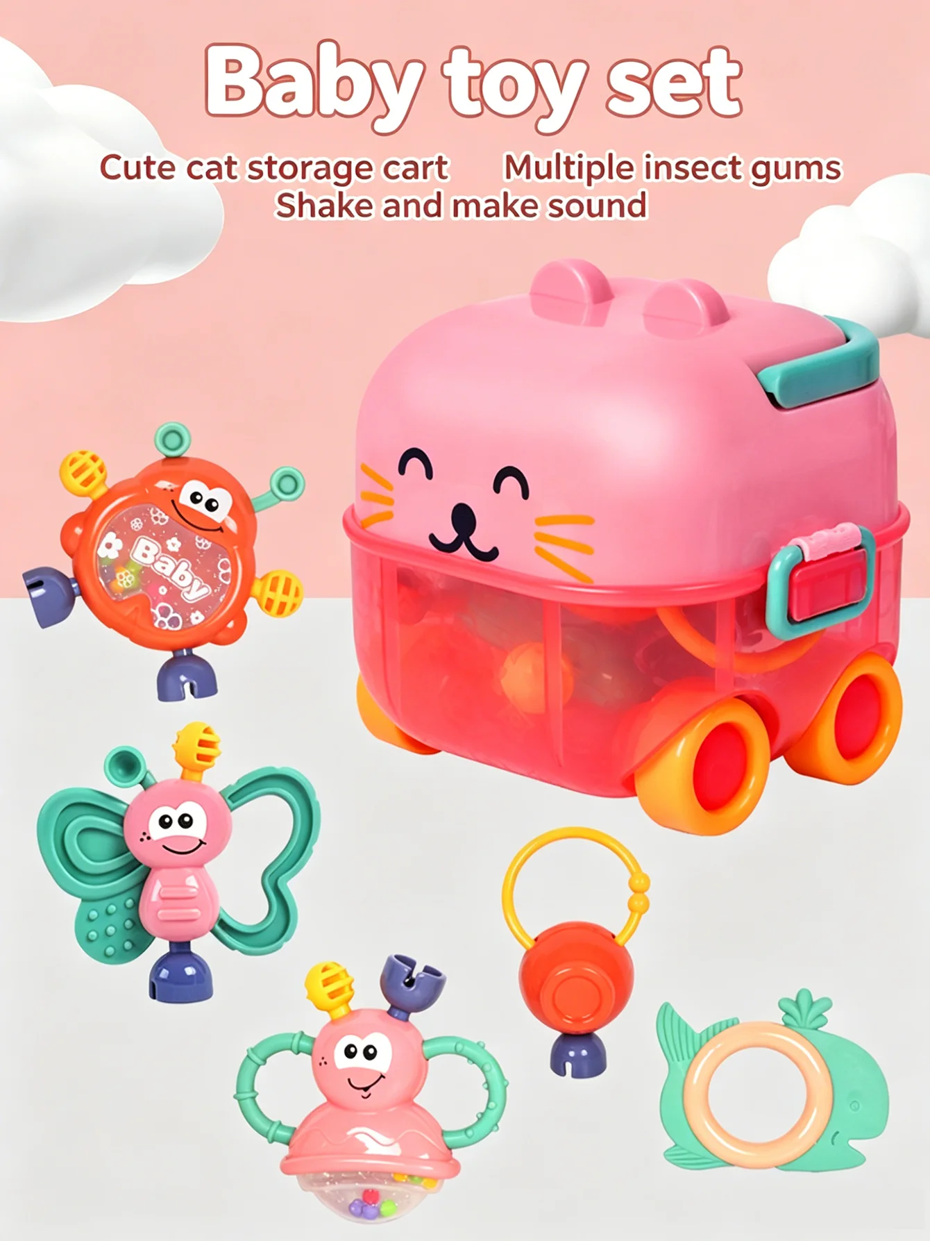 Baby Rattles Baby Teether Cat Box Toys Set Newborn Early Educational Sensory Play STEM Boy Girls Gift for Infant Chewable Gift