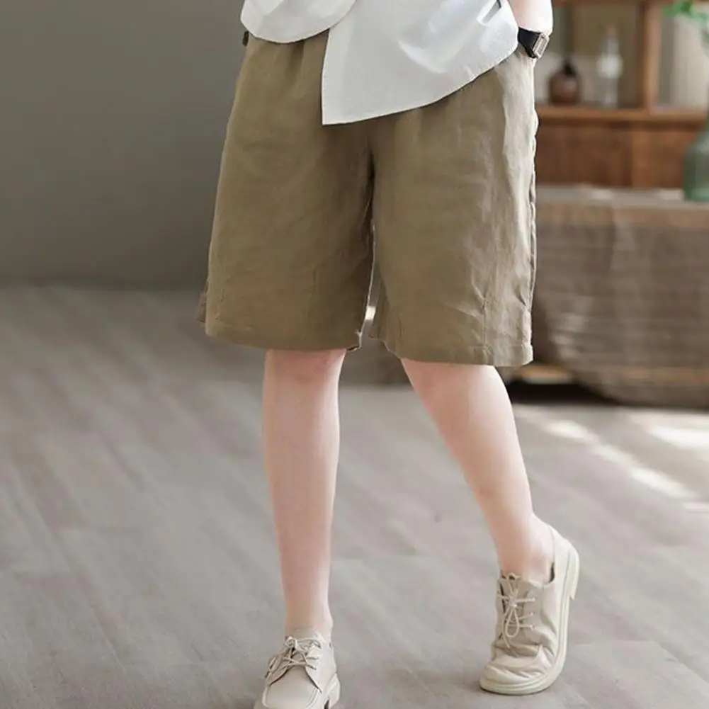 Charming Wide-leg Trousers Stylish Women's Knee-length Shorts Elastic High Waist Loose Fit Pockets for Casual Beach or Everyday