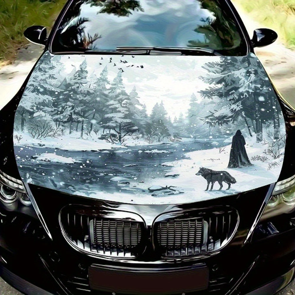 

Wolves And People By The River In Winter Car Hood Decal Sticker - Durable Vinyl Wrap For Most Vehicles, Protective Engine Hood F