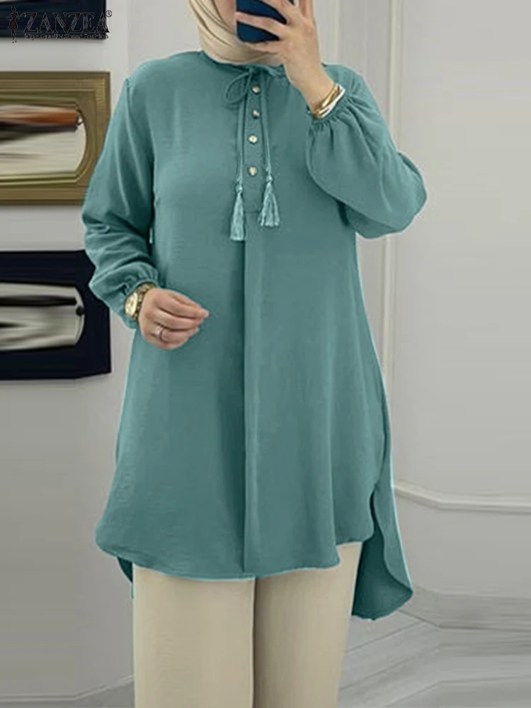 

ZANZEA 2023 Muslim Puff Sleeve Women Blouse Female Spring Solid Color O-Neck Shirt Fashion Elegant Casual Blouses Blusas Tops