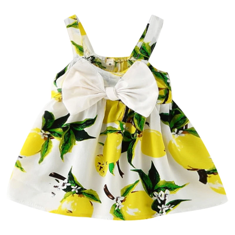 Girls Lemon Print Big Bow Halter Dress 0-5 Baby Girl Cotton Linen Dresses Children Beach Party Halter Dresses