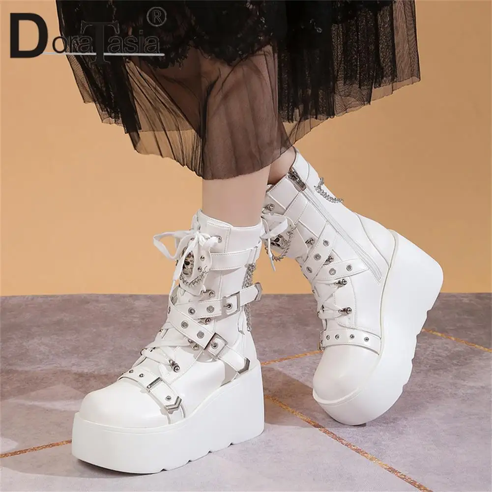 Brand New Ladies Wedges High Heels Boots Fashion Metal Decor Buckle Punk Platform Women\'s Boots Party Goth Street Woman Shoes