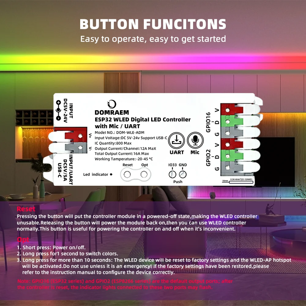 DOMRAEM WLED LED-Streifen-Controller USB-C ESP8266 ESP32 Mic Sync 16A Sicherung Level Shifter WS2812 SK6812 RGBIC Digitaler Pixel-Lichtcontroller – Detail 10