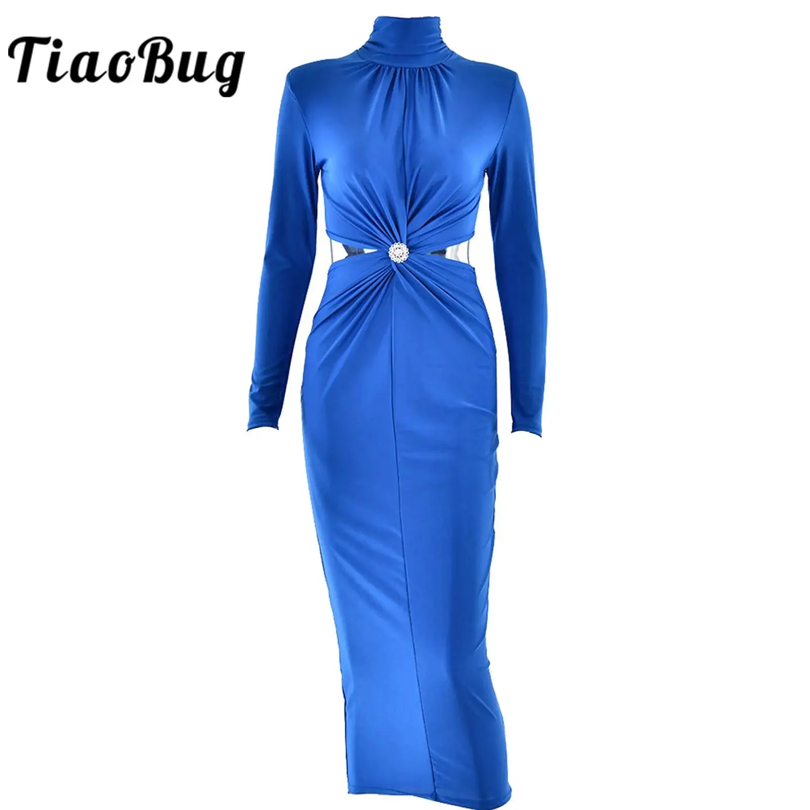 

Womens Satiny Long Dress Rhinestones High Collar Long Sleeve Ruched Waist Cutout Bodycorn Dress for Evening Banquet Party Gown