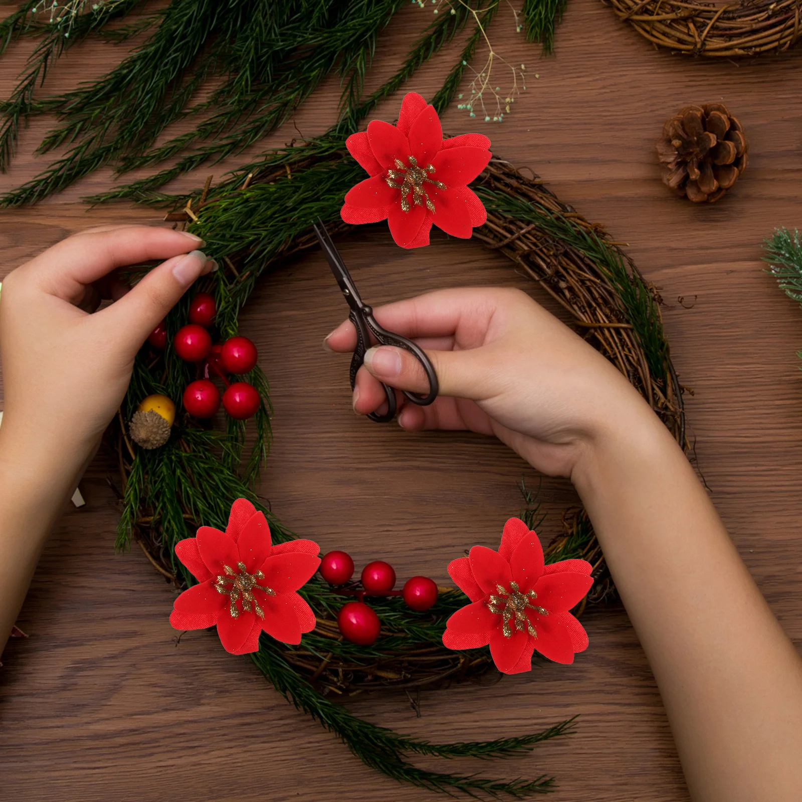 

10Pcs Christmas Flower Ring Accessories Artificial Xmas Flowers for Holiday Party Decorations Home Christmas Artificial Flower