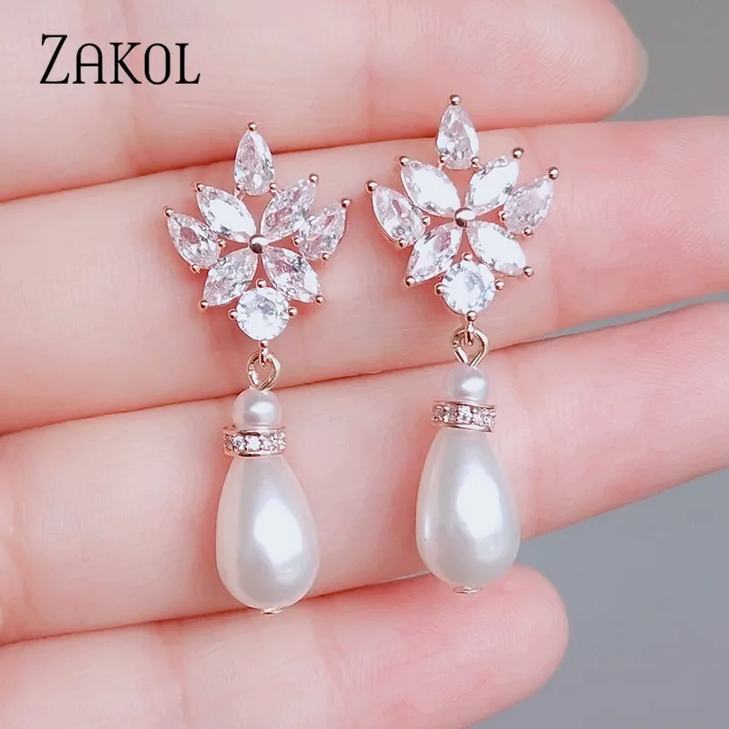 ZAKOL Trendy Marquise Cut Cubic Zirconia Dangle Earrings for Women Fashion Pearl Bridal Wedding Dress Jewelry FSEP2221