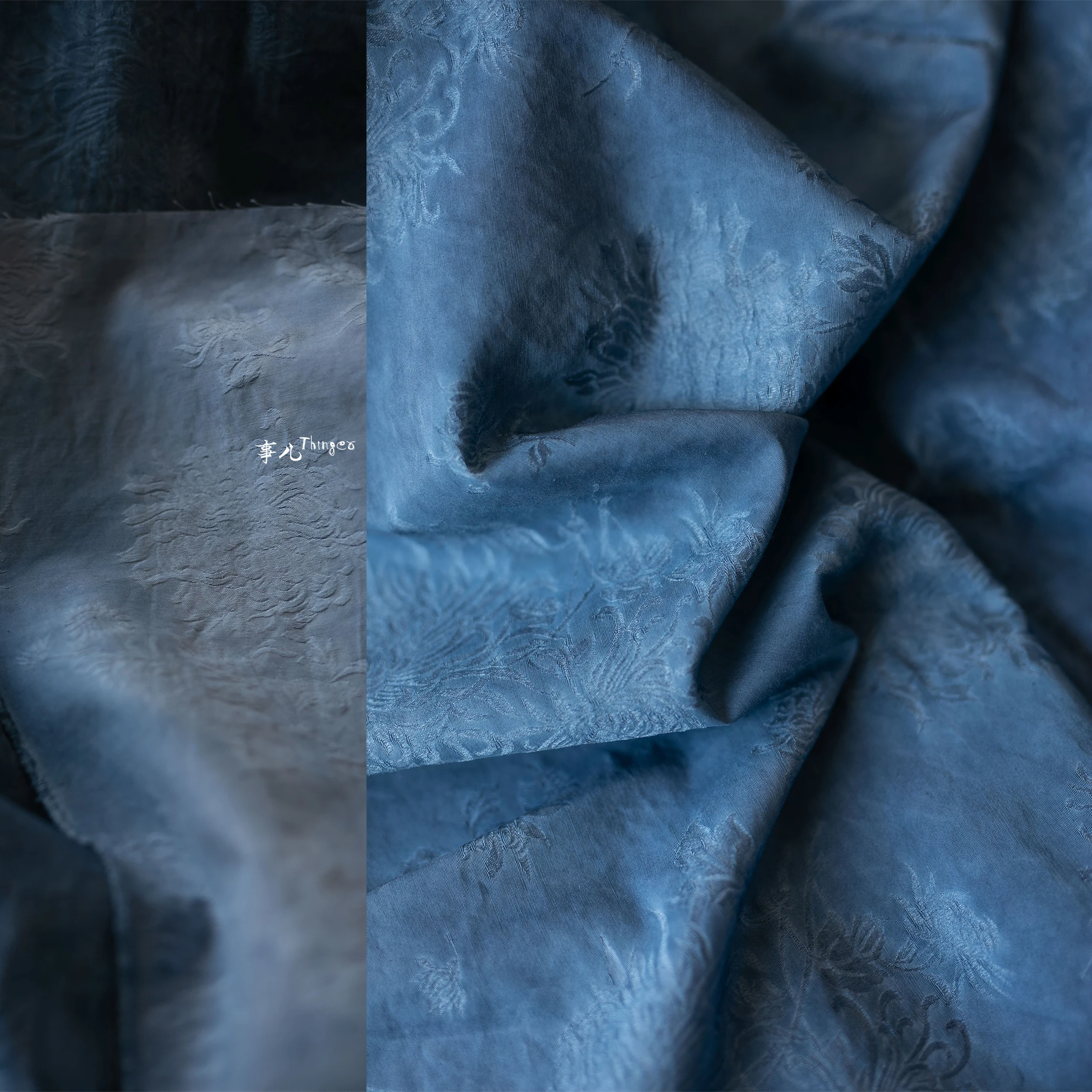 Cobalt Blue Fried Jacquard Silk Cotton-Vintage Distressed Washed Faded Fabric Designer Fabric