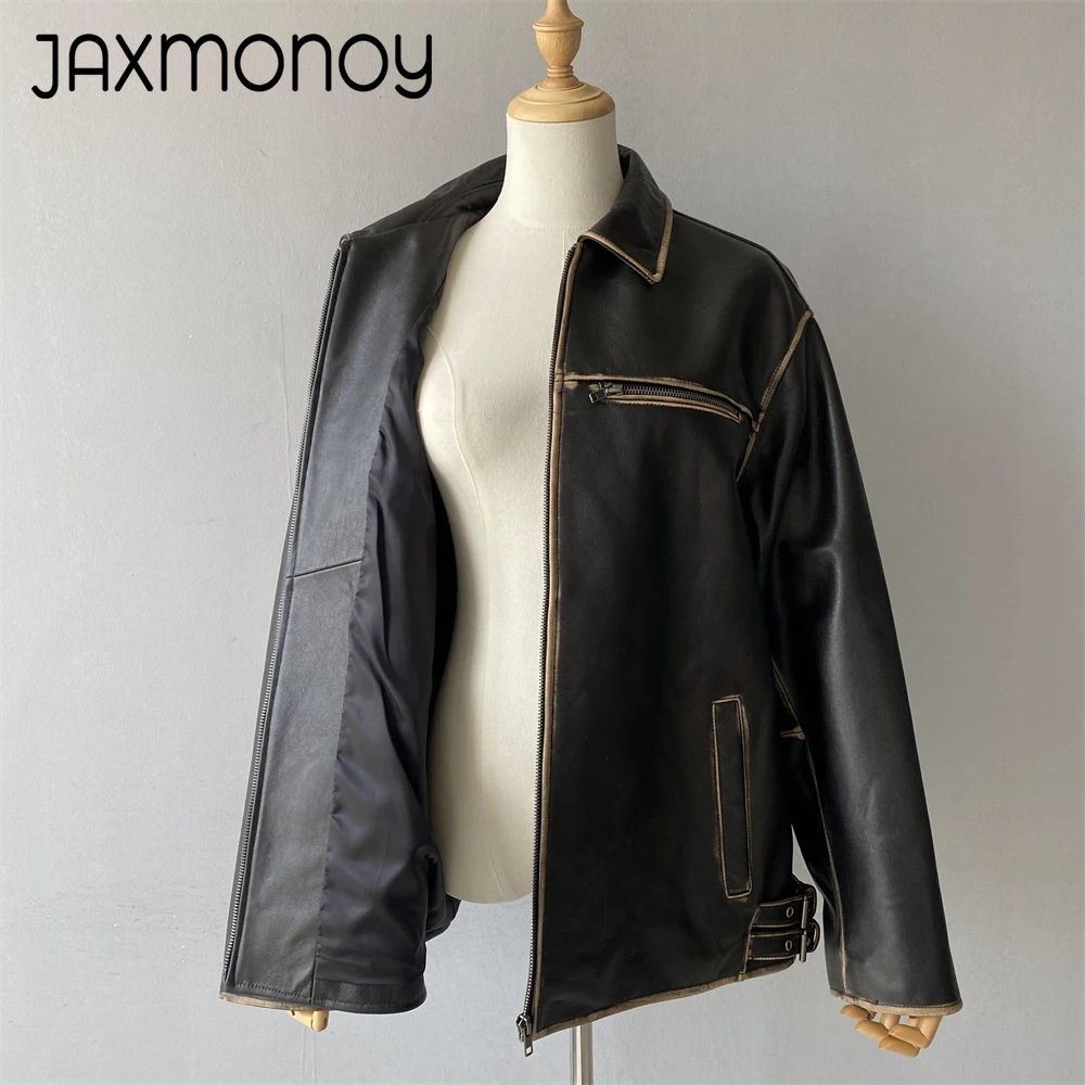 Jaxmonoy-casaco de pele de carneiro feminino, jaqueta de couro real solta para senhoras, couro genuíno high-end, blazer feminino, novo estilo, outono