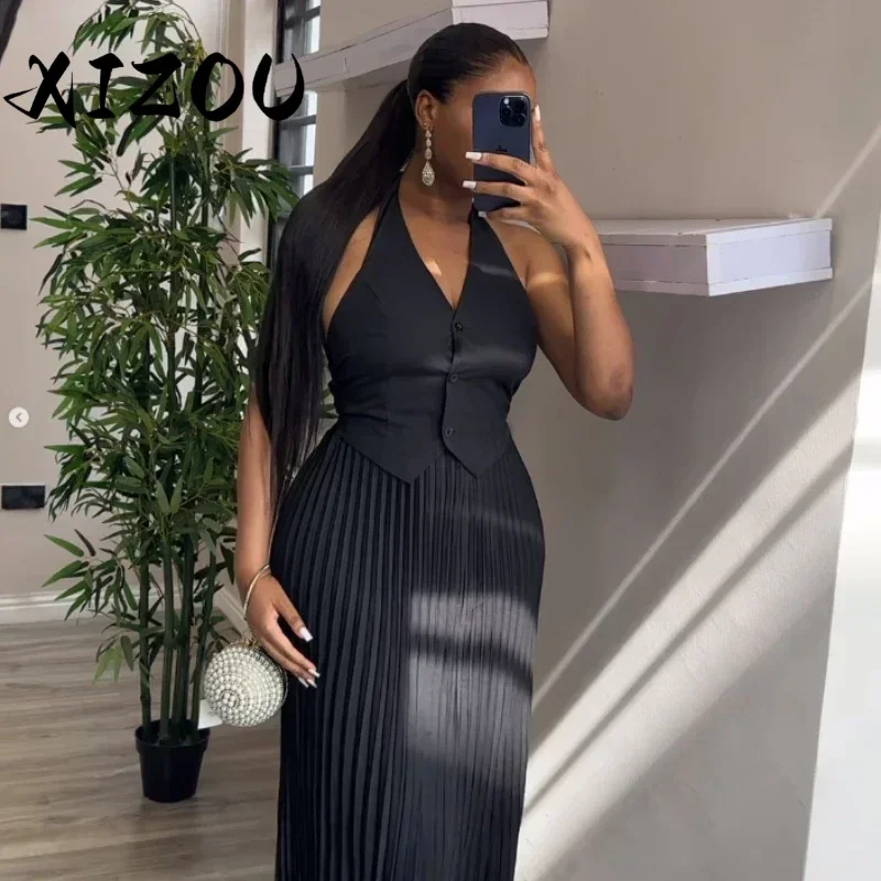 XIZOU Two Piece Skirt Sets Elegant Outfits Women Sleeveless Single Breasted Vest Top + Pleated Long Skirts Suit OL Office Lady