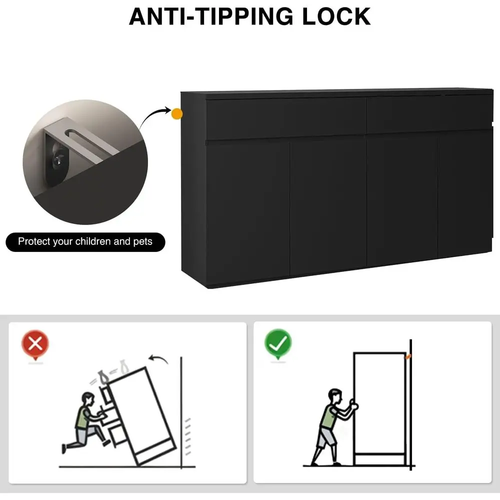 63 بوفيه خزانة جانبية سوداء مع درجين و4 أبواب، خزانة تخزين لغرفة الطعام، سهلة التنظيف، تصميم مضاد للطرف