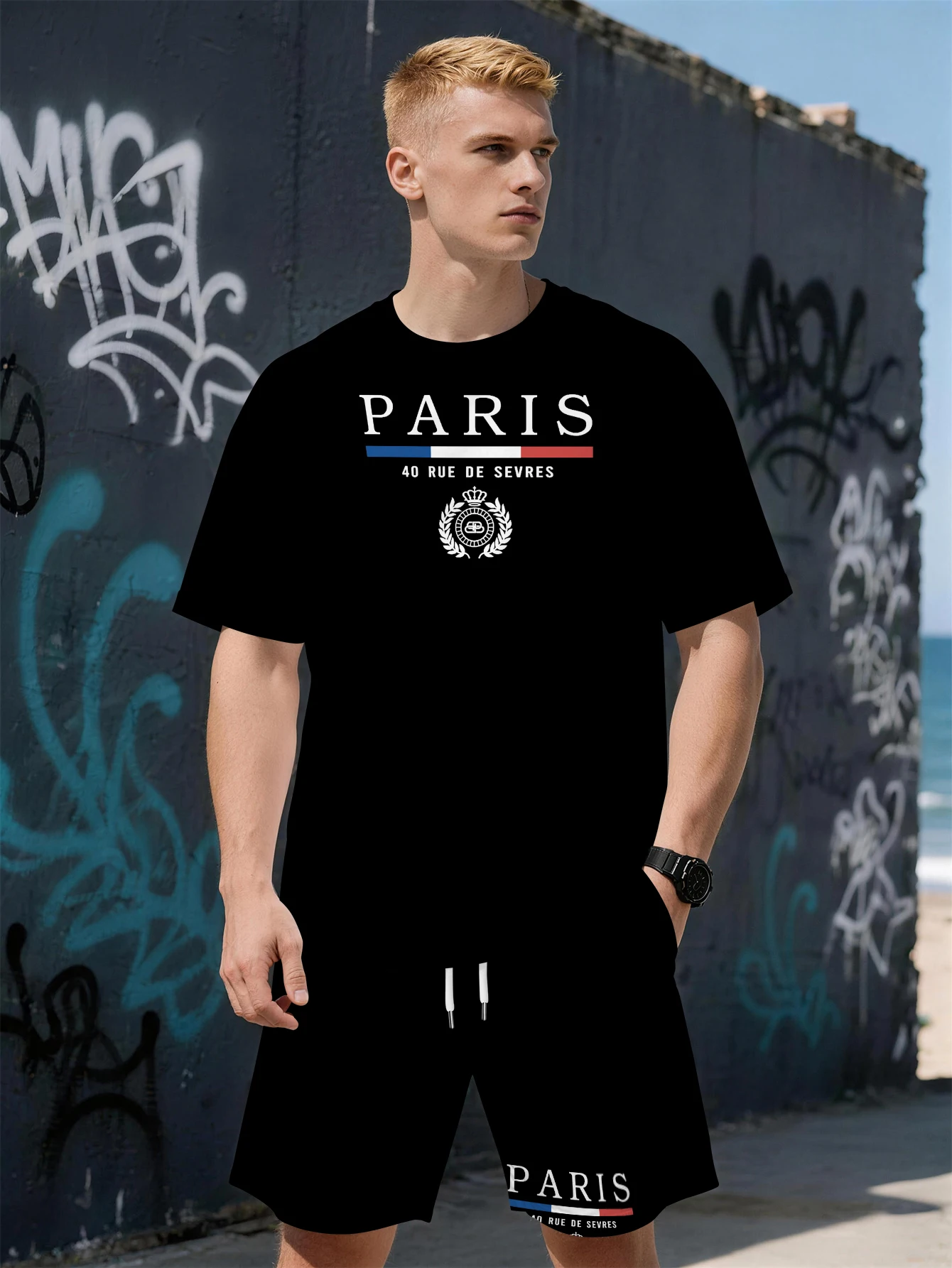 

2026 Summer New Men's Short-Sleeved Set with 3D Simple Letter Print Casual and Fashionable Street Style Comfortable and Soft