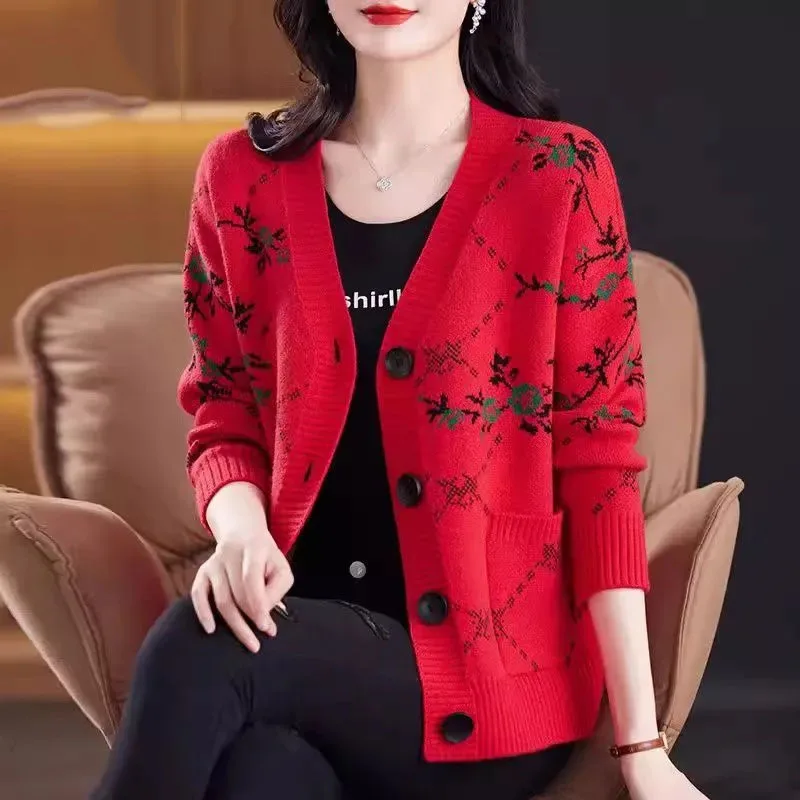 Spring Autumn Jacquard Short Knitted Cardigan Jacket Ladies New Long-Sleeved  Knitted Sweater Coat Women Loose Knitwear Tops