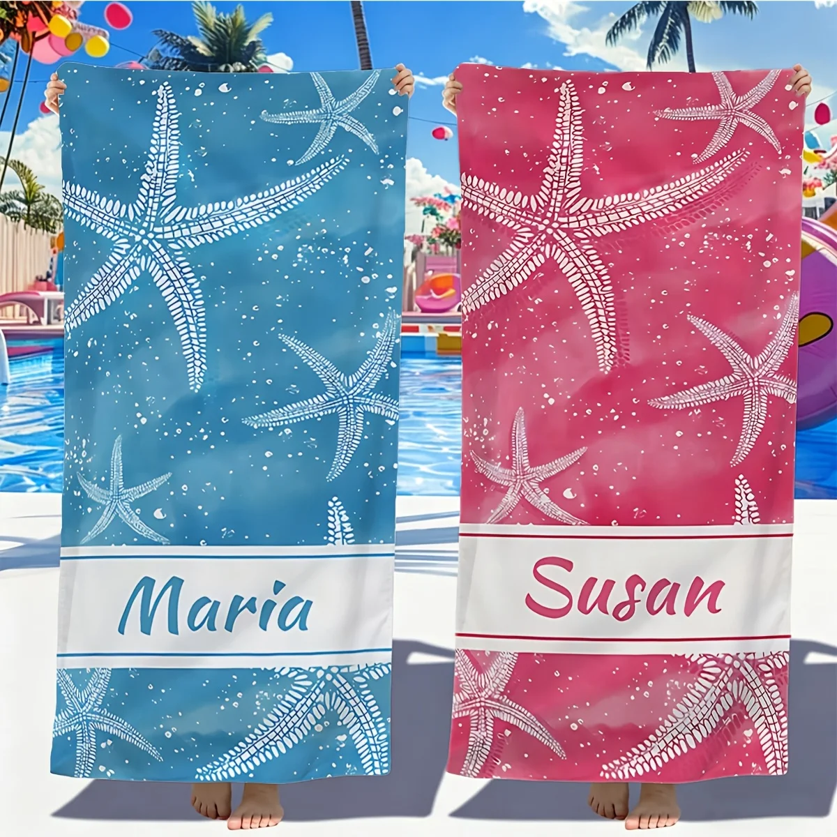 1pc Tropical Starfish Personalized Beach Towel - Customizable Name, Machine Washable Rectangular Towel, Quick-Drying Fabric