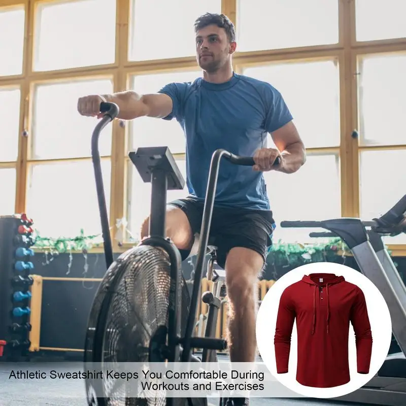 Men's Athletic Hoodies Solid Hooded Long Sleeve Top Casual Front Placket Button Neck Mens Hooded Shirt Lightweight Drawstring image 4