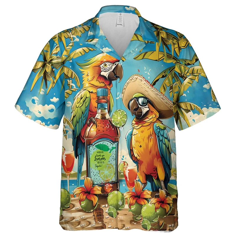 Chemise de plage hawaïenne à manches courtes pour hommes, chemisier à revers pour les amoureux des perroquets, vêtements de rentabilité, fête, vacances, été