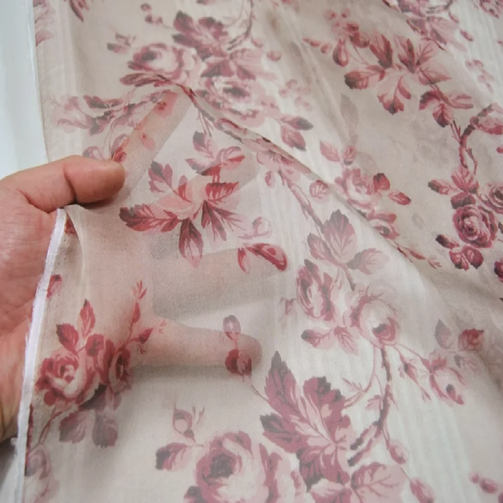 Amazing Rose Flower Printed Transparent 100% Pure Silk Chiffon Fabric for Lady Comfortable Garment Dress Scarf view 6