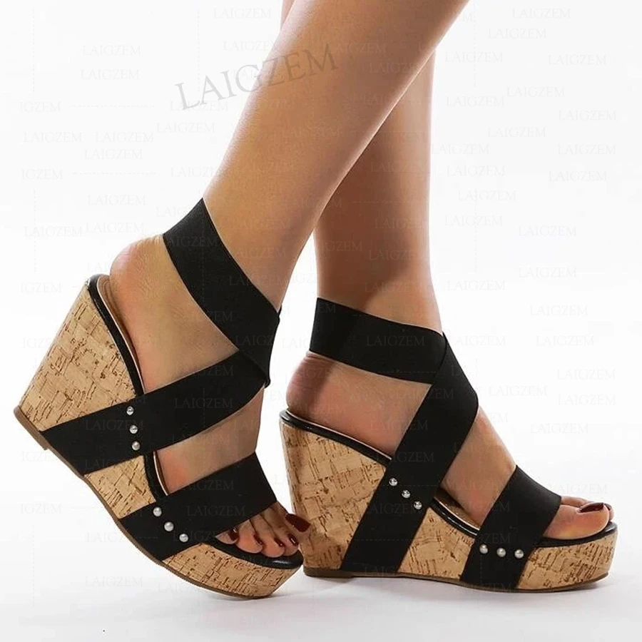 BERZIMER Women Sandals Platform Wedges Elastic Band Pumps High Heels Cork Pirnt Female Ladies Shoes Woman Plus Size 38 40 43 48