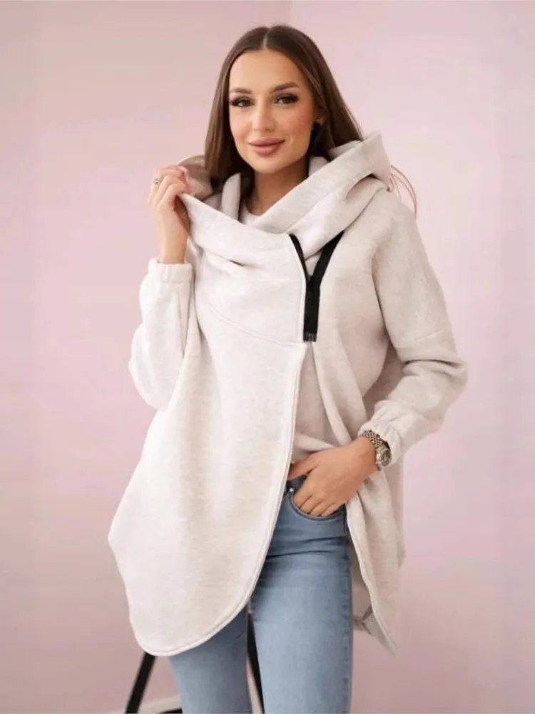 

Модная бархатная куртка-толстовка с капюшоном и длинными рукавами, женская осенняя элегантная однотонная длинная свободная куртка на молнии нестандартной формы