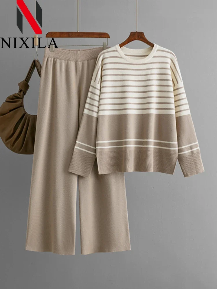 

New Autumn Winter Sweater Women's Long Pants Two Piece Sets Womens Outifits Suits Loose Striped Pullover Sets for Women 2 Pieces