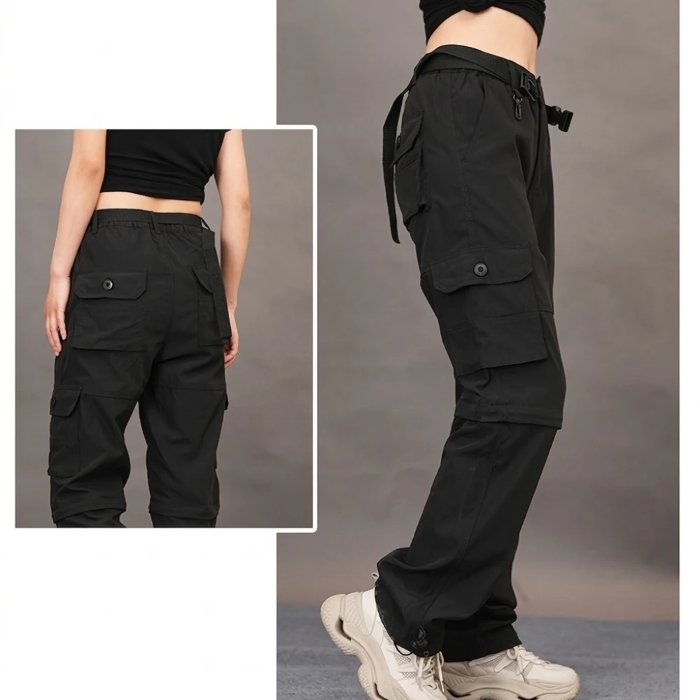 Quick Dry Cargo Pants Mens Outdoor Techwear Trousers Multi Pocket Loose Fit Casual Hiking Sportswear Bottoms Black Color